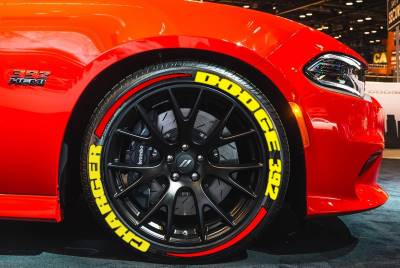 DODGE 392 CHARGER yellow + STRIPES red , a Set for 4 tires (45)